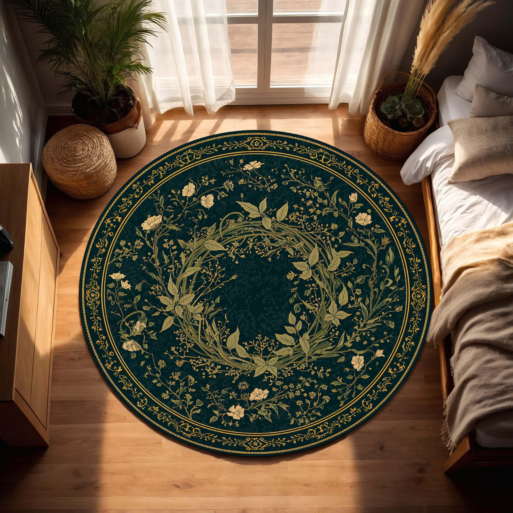 Round Green Botanical Rug, Vintage Floral Wreath Carpet, Art Nouveau Style Area Mat for Living Room, Boho Elegant Home Decor Accent