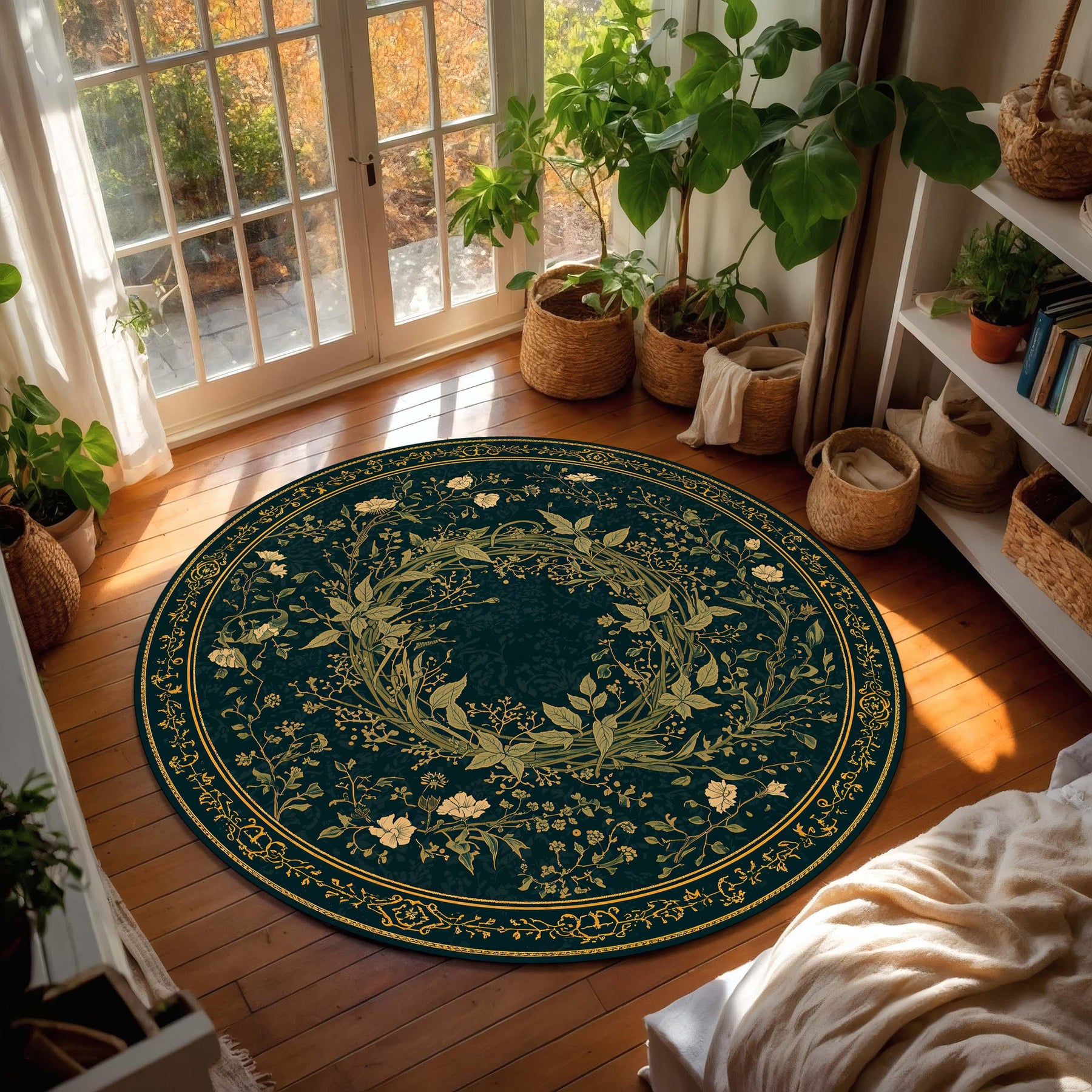 Round Green Botanical Rug, Vintage Floral Wreath Carpet, Art Nouveau Style Area Mat for Living Room, Boho Elegant Home Decor Accent