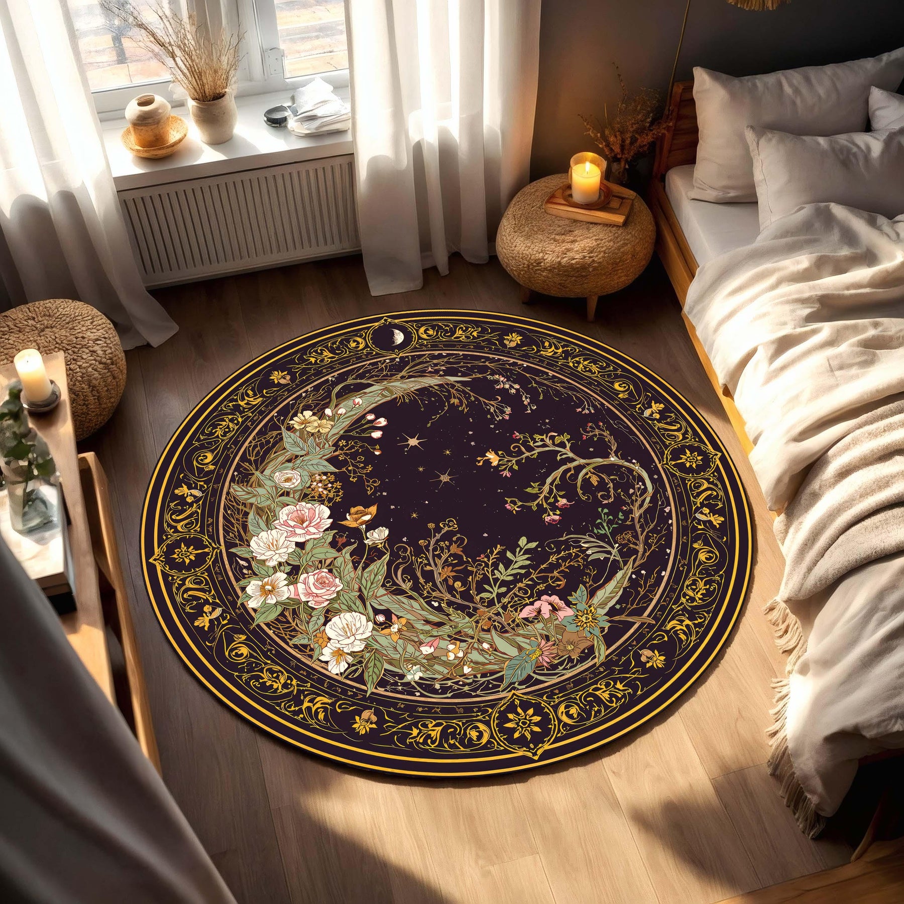 Celestial Floral Round Rug, Moon and Stars Boho Carpet, Mystical Art Nouveau Circle Mat for Living Room Decor, Witchy Home Gift Idea