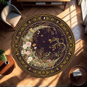Celestial Floral Round Rug, Moon and Stars Boho Carpet, Mystical Art Nouveau Circle Mat for Living Room Decor, Witchy Home Gift Idea
