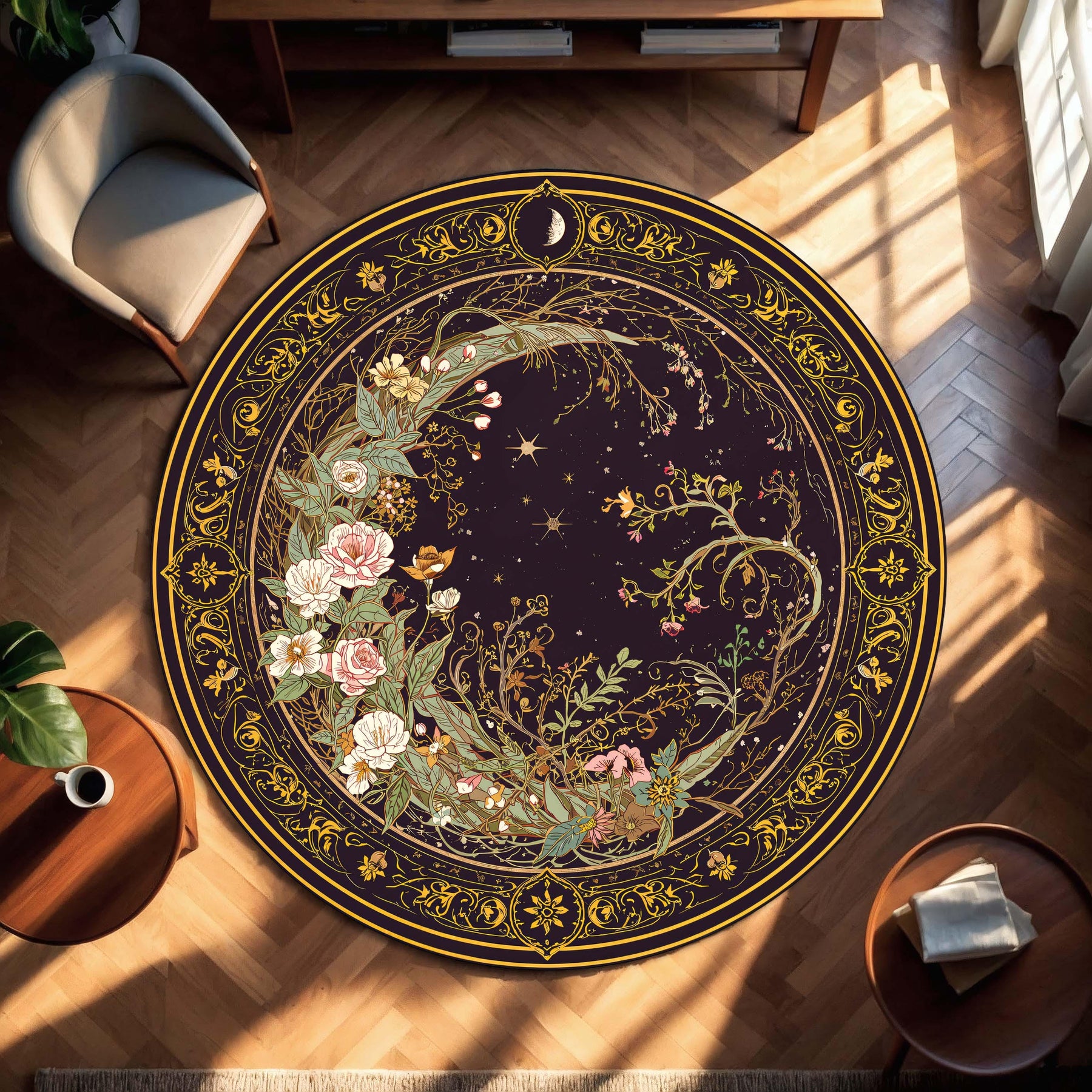 Celestial Floral Round Rug, Moon and Stars Boho Carpet, Mystical Art Nouveau Circle Mat for Living Room Decor, Witchy Home Gift Idea