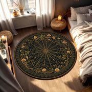 Round Gothic Spiderweb Rug, Black Gold Floral Carpet, Witchy Boho Living Room Decor, Occult Victorian Style Floor Mat for Modern Homes