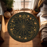Round Gothic Spiderweb Rug, Black Gold Floral Carpet, Witchy Boho Living Room Decor, Occult Victorian Style Floor Mat for Modern Homes