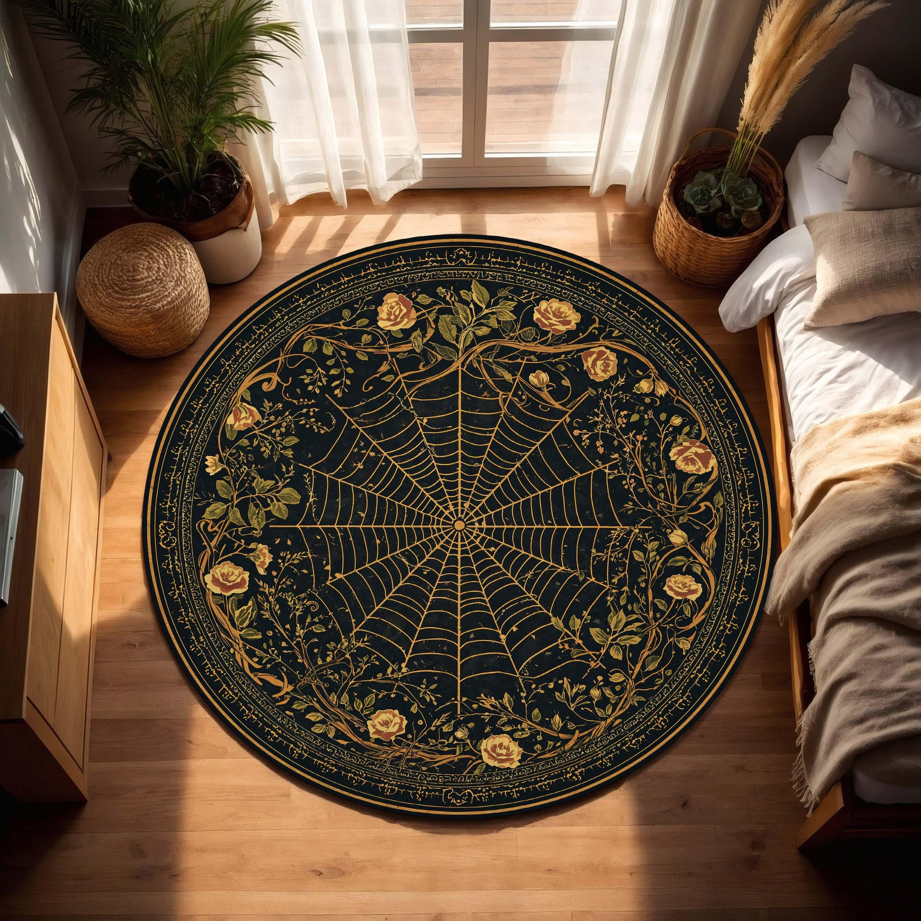 Round Gothic Spiderweb Rug, Black Gold Floral Carpet, Witchy Boho Living Room Decor, Occult Victorian Style Floor Mat for Modern Homes