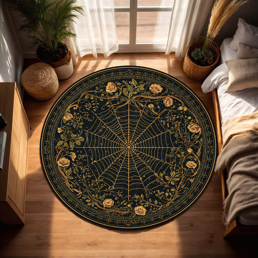 Round Gothic Spiderweb Rug, Black Gold Floral Carpet, Witchy Boho Living Room Decor, Occult Victorian Style Floor Mat for Modern Homes