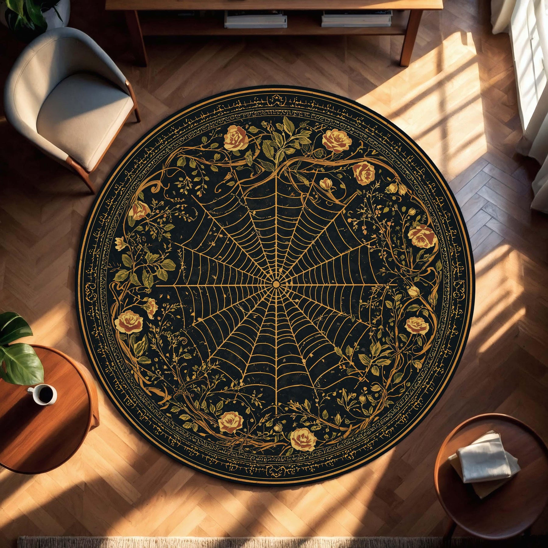 Round Gothic Spiderweb Rug, Black Gold Floral Carpet, Witchy Boho Living Room Decor, Occult Victorian Style Floor Mat for Modern Homes