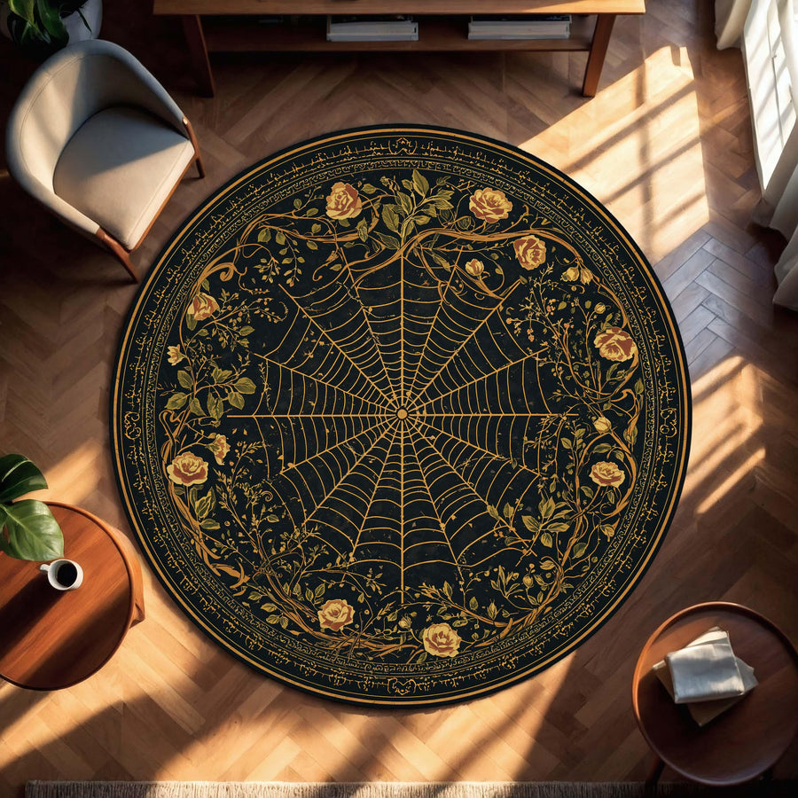 Round Gothic Spiderweb Rug, Black Gold Floral Carpet, Witchy Boho Living Room Decor, Occult Victorian Style Floor Mat for Modern Homes