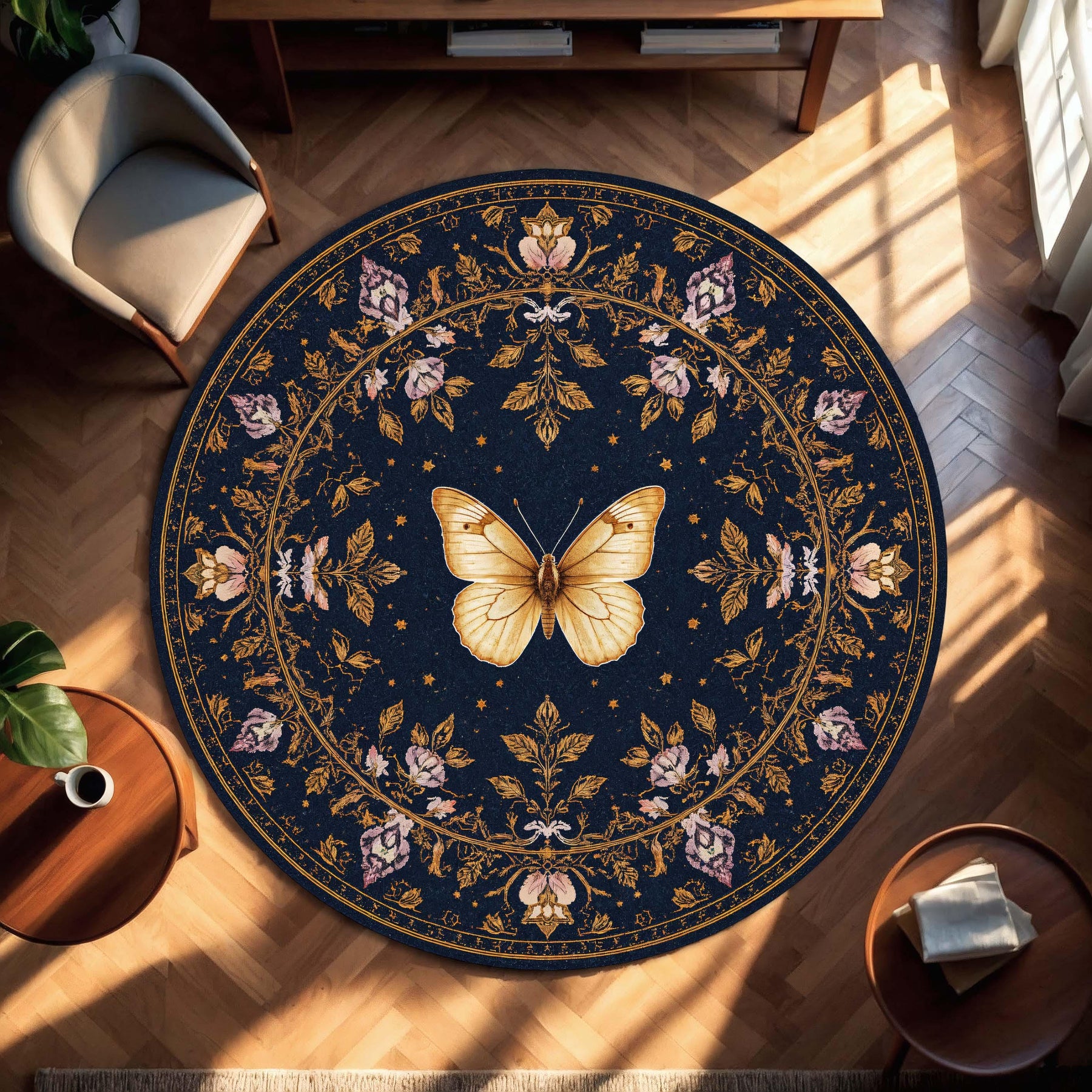 Round Navy Blue Butterfly Rug, Vintage Floral Medallion Carpet, Boho Celestial Area Rug for Living Room, Bedroom, Meditation Space