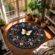 Round Navy Blue Butterfly Rug, Vintage Floral Medallion Carpet, Boho Celestial Area Rug for Living Room, Bedroom, Meditation Space