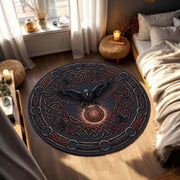 Viking Raven Round Rug, Norse Rune Circle Carpet, Celtic Knot Boho Gothic Decor for Living Room, Pagan Nordic Mythology Art Design