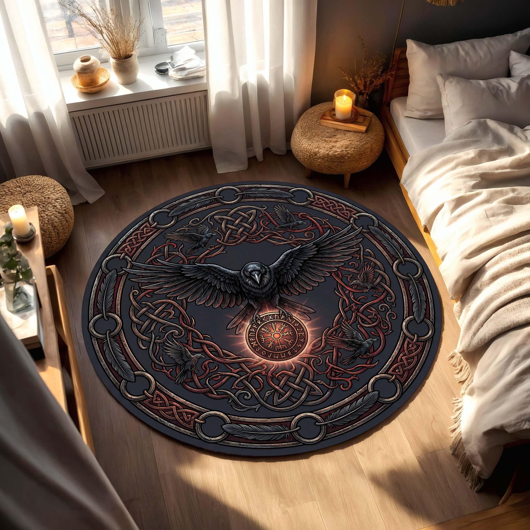 Viking Raven Round Rug, Norse Rune Circle Carpet, Celtic Knot Boho Gothic Decor for Living Room, Pagan Nordic Mythology Art Design
