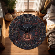 Viking Raven Round Rug, Norse Rune Circle Carpet, Celtic Knot Boho Gothic Decor for Living Room, Pagan Nordic Mythology Art Design