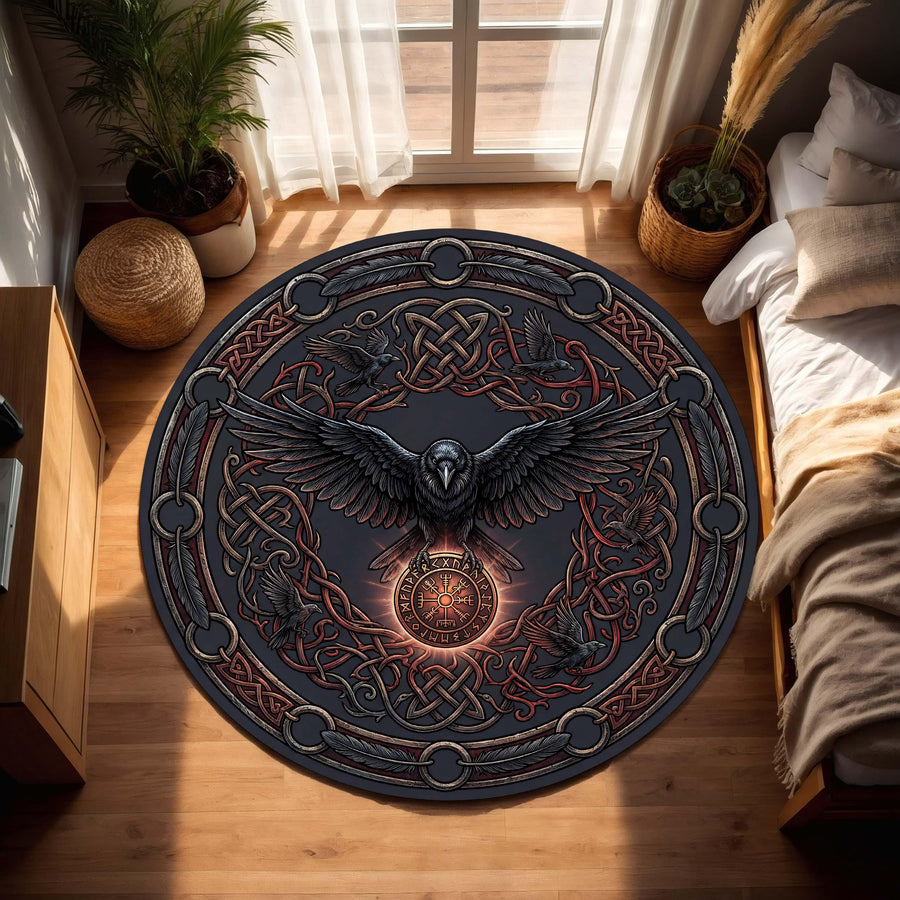 Viking Raven Round Rug, Norse Rune Circle Carpet, Celtic Knot Boho Gothic Decor for Living Room, Pagan Nordic Mythology Art Design