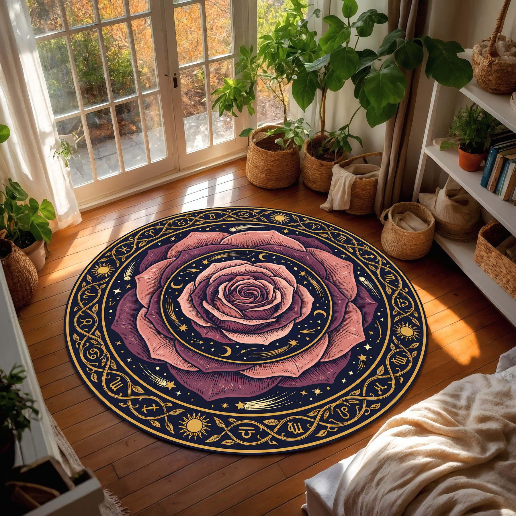 Round Zodiac Rose Rug, Boho Celestial Astrology Carpet, Mystical Floral Moon and Stars Floor Mat for Living Room, Bedroom Meditation Space
