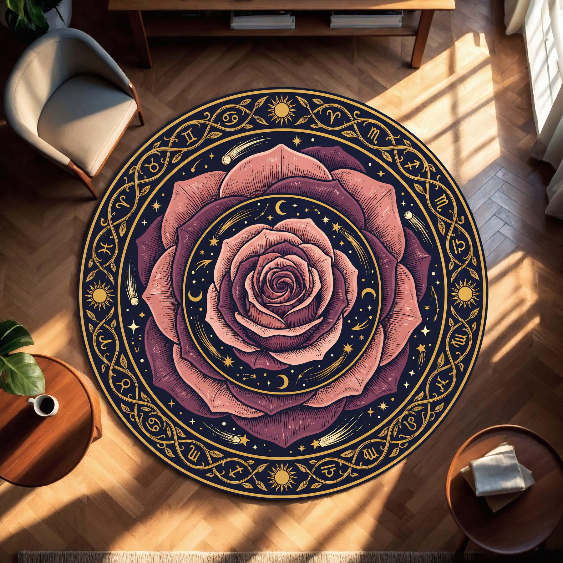 Round Zodiac Rose Rug, Boho Celestial Astrology Carpet, Mystical Floral Moon and Stars Floor Mat for Living Room, Bedroom Meditation Space