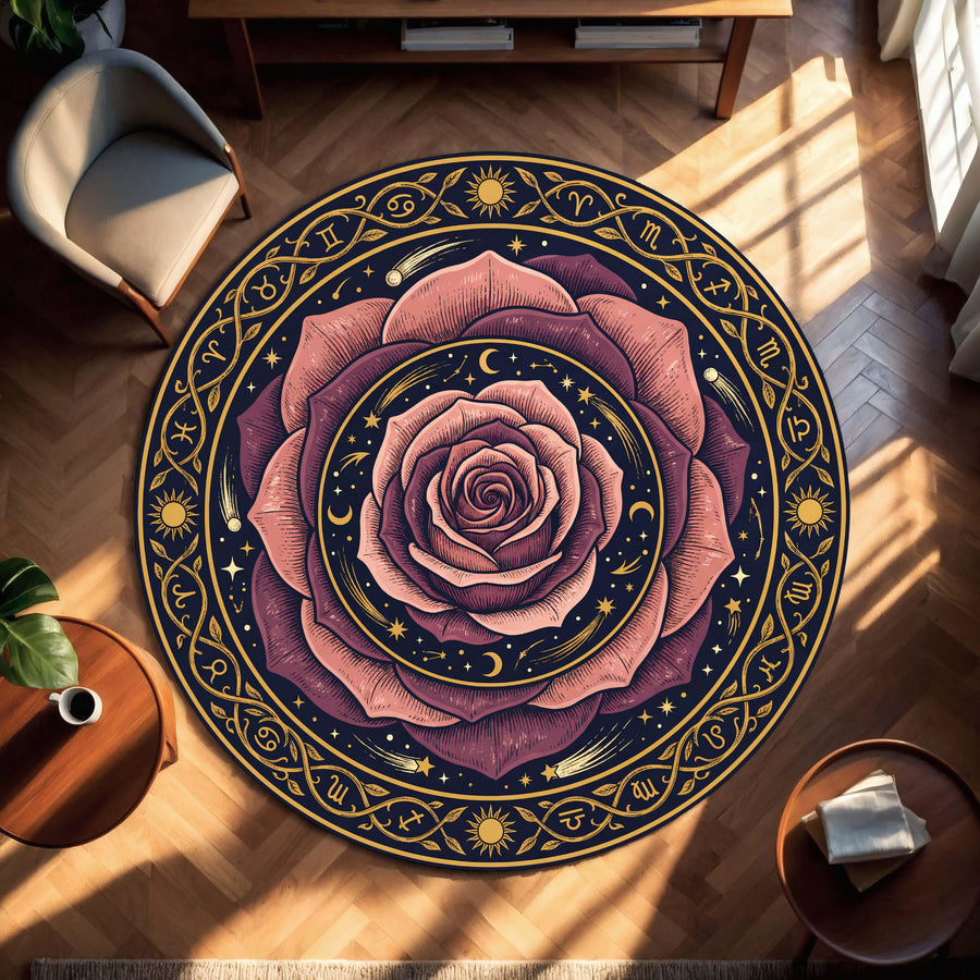 Round Zodiac Rose Rug, Boho Celestial Astrology Carpet, Mystical Floral Moon and Stars Floor Mat for Living Room, Bedroom Meditation Space