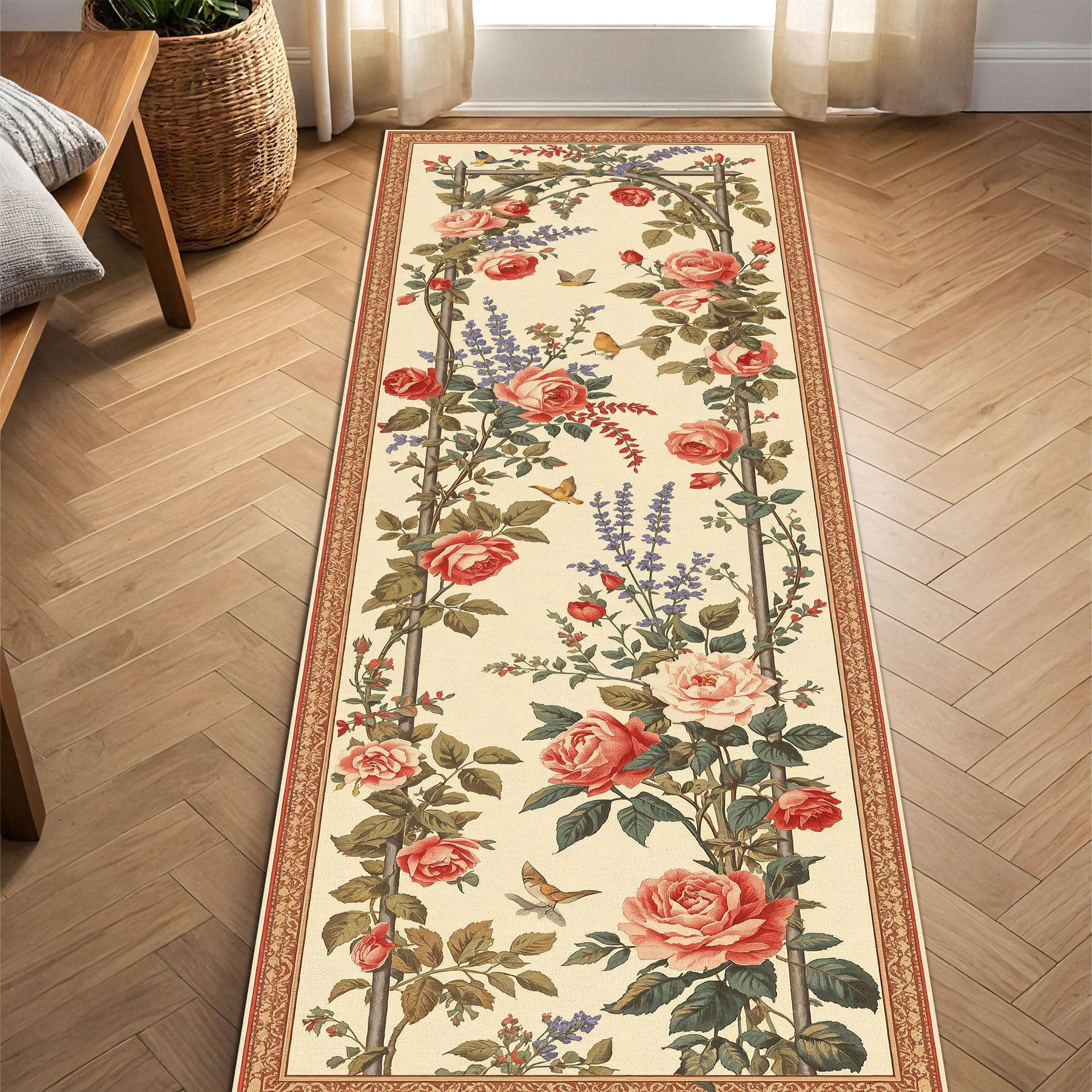 French Country Rose Runner Rug Cream Floral Hallway Carpet Vintage Cottage Long Narrow Area Rug for Entryway Kitchen Bedroom Decor