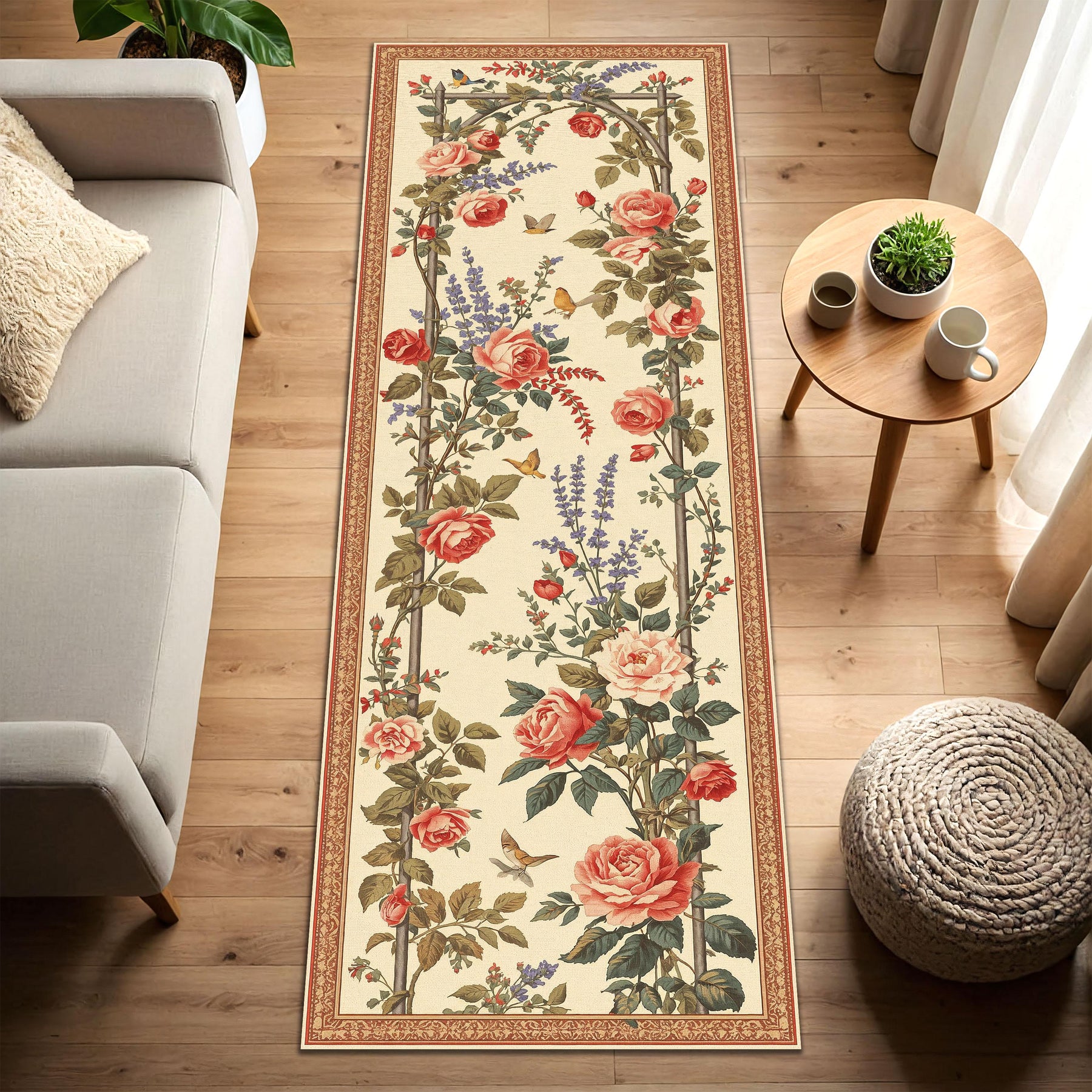 French Country Rose Runner Rug Cream Floral Hallway Carpet Vintage Cottage Long Narrow Area Rug for Entryway Kitchen Bedroom Decor