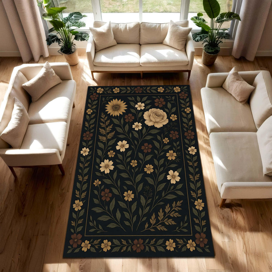 Botanical Floral Rug, Cottagecore Area Carpet with Yellow and Brown Flowers, Dark Botanical Living Room Rug for Rustic Farmhouse Interiors