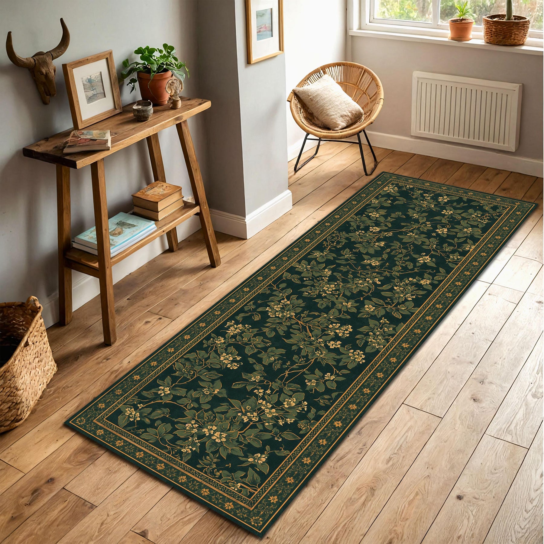 Dark Blue Floral Runner Rug, Vintage Botanical Vine Pattern, Non-Slip Hallway Kitchen Carpet, Traditional Border Home Decor, Entryway Gift
