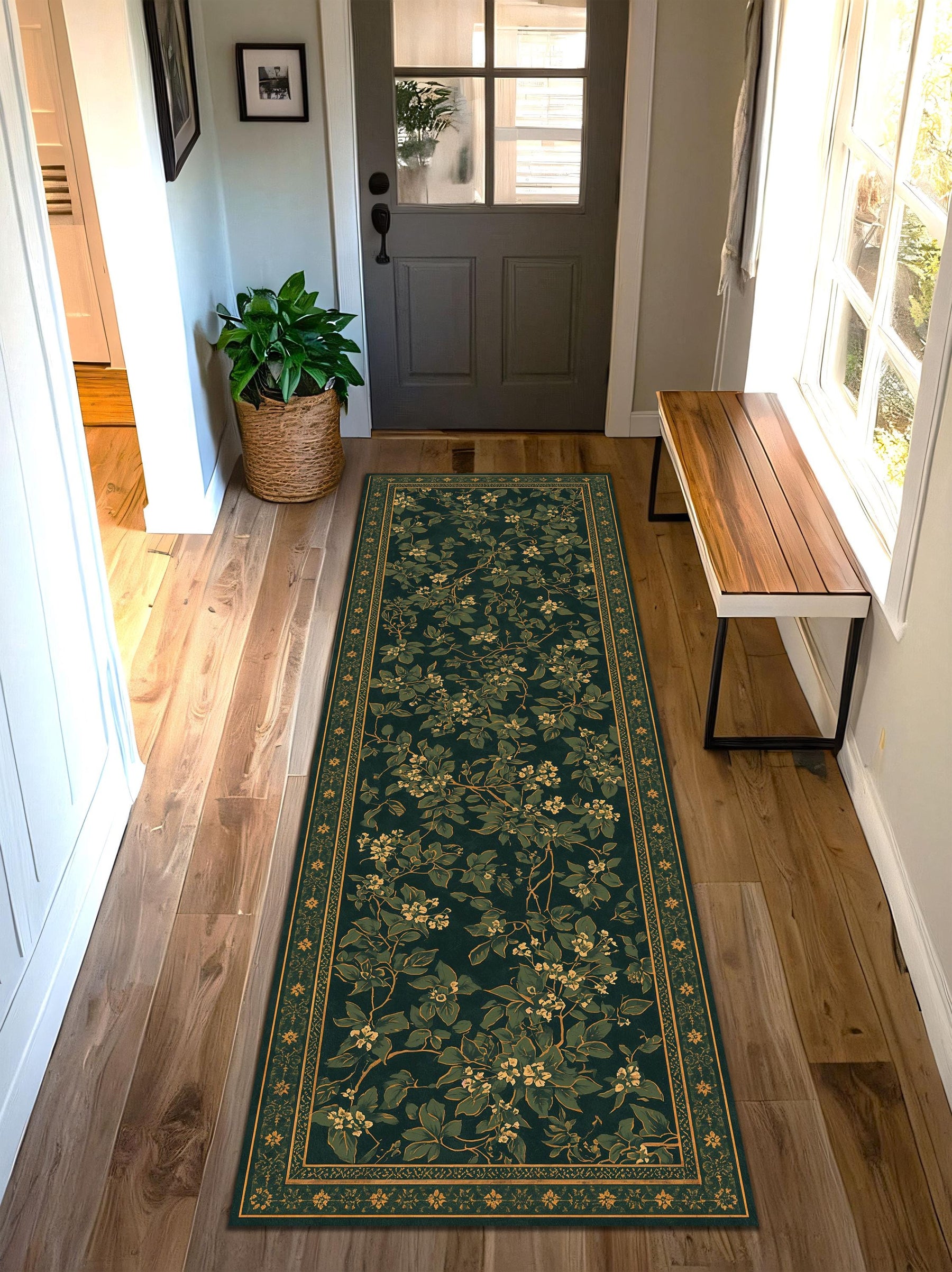 Dark Blue Floral Runner Rug, Vintage Botanical Vine Pattern, Non-Slip Hallway Kitchen Carpet, Traditional Border Home Decor, Entryway Gift