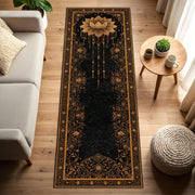 Black & Gold Lotus Rug Runner, Boho Mandala Hallway Runner, Celestial Starry Yoga Meditation Decor, Gothic Vintage Floor Mat, Entry Accent