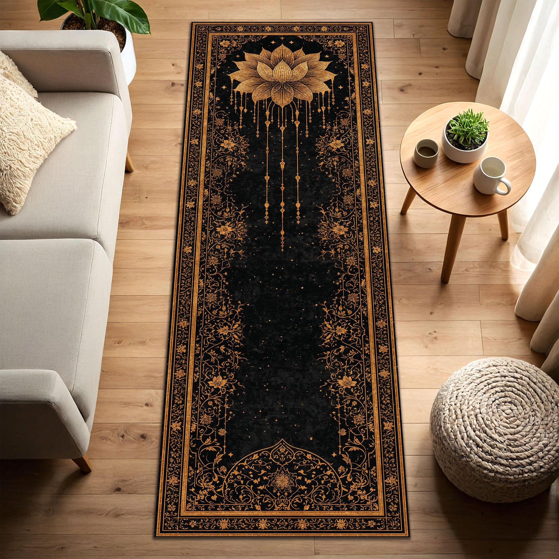 Black & Gold Lotus Rug Runner, Boho Mandala Hallway Runner, Celestial Starry Yoga Meditation Decor, Gothic Vintage Floor Mat, Entry Accent