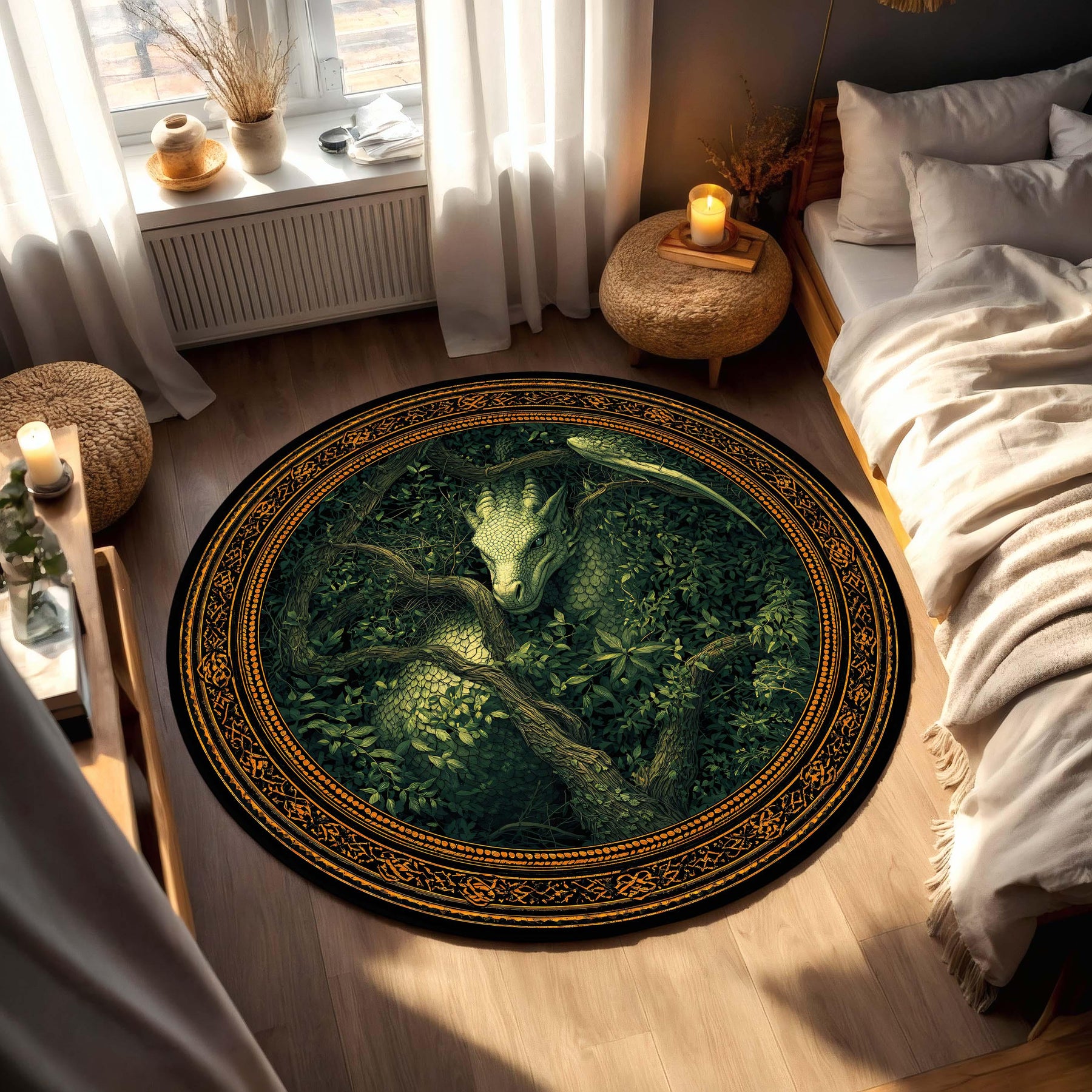 Emerald Forest Dragon Round Rug, Celtic Knot Border Area Carpet, Fantasy Botanical Floor Mat for Living Room, Gamer Room Decor Gift
