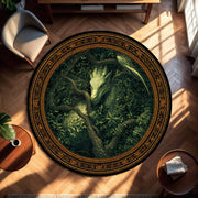 Emerald Forest Dragon Round Rug, Celtic Knot Border Area Carpet, Fantasy Botanical Floor Mat for Living Room, Gamer Room Decor Gift