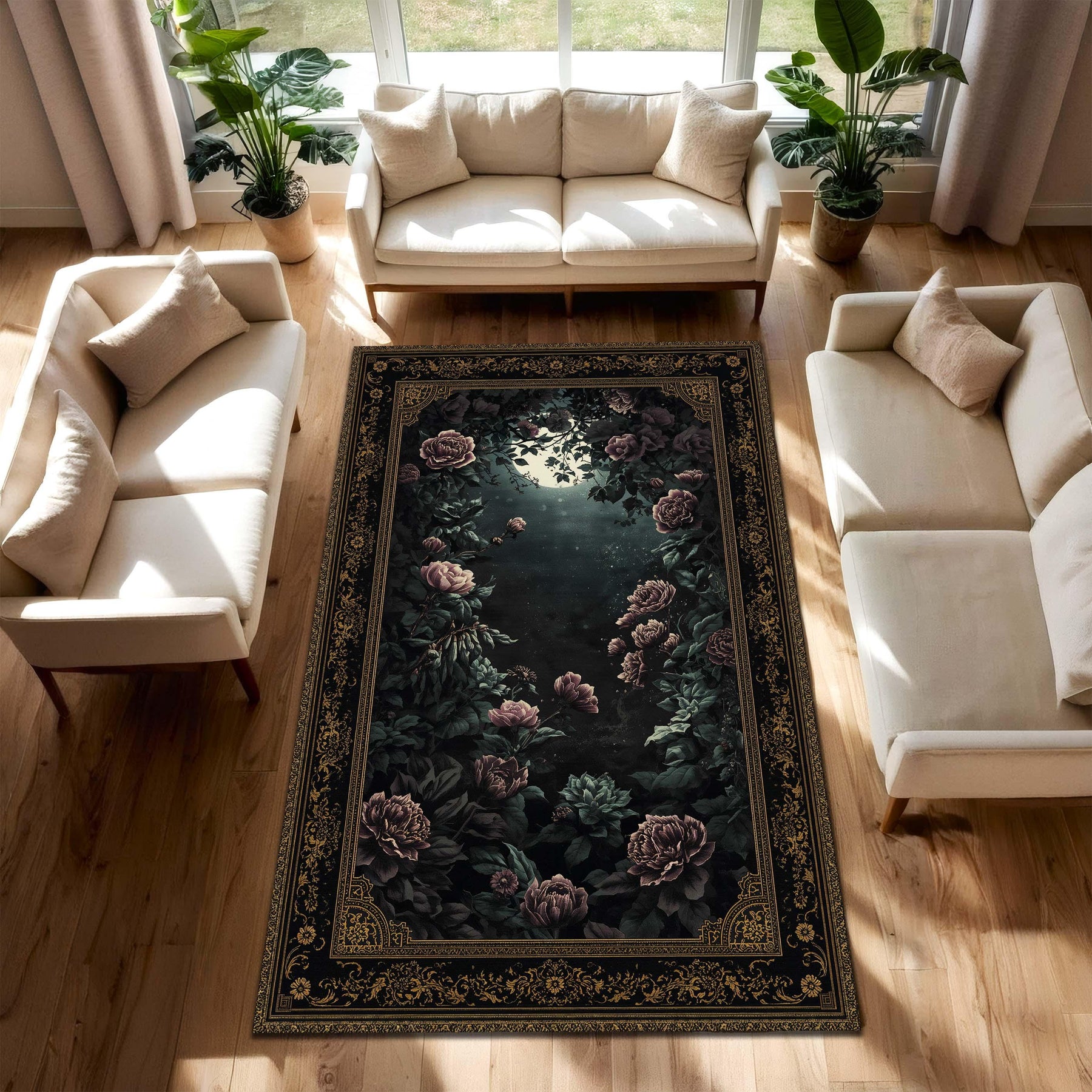 Dark Floral Gothic Area Rug, Vintage Rose Botanical Carpet, Black & Gold Border Floor Mat for Living Room Bedroom Hallway Home Decor