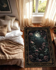 Dark Floral Gothic Area Rug, Vintage Rose Botanical Carpet, Black & Gold Border Floor Mat for Living Room Bedroom Hallway Home Decor