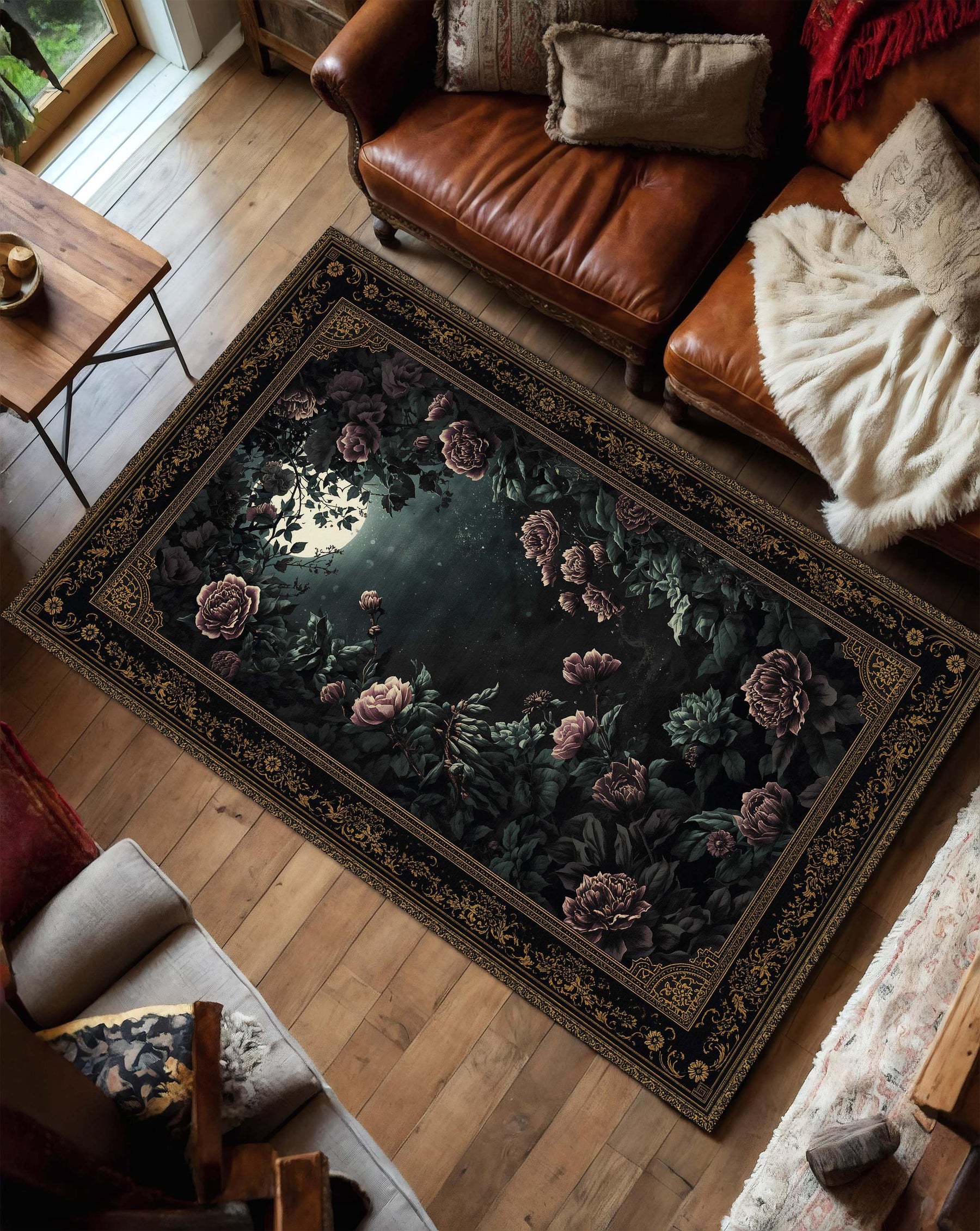 Dark Floral Gothic Area Rug, Vintage Rose Botanical Carpet, Black & Gold Border Floor Mat for Living Room Bedroom Hallway Home Decor
