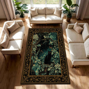 Black Cat Botanical Rug, Dark Emerald Floral Vintage Border Area Rug, Gothic Cottagecore Home Decor, Cat Lover Gift for Living Room