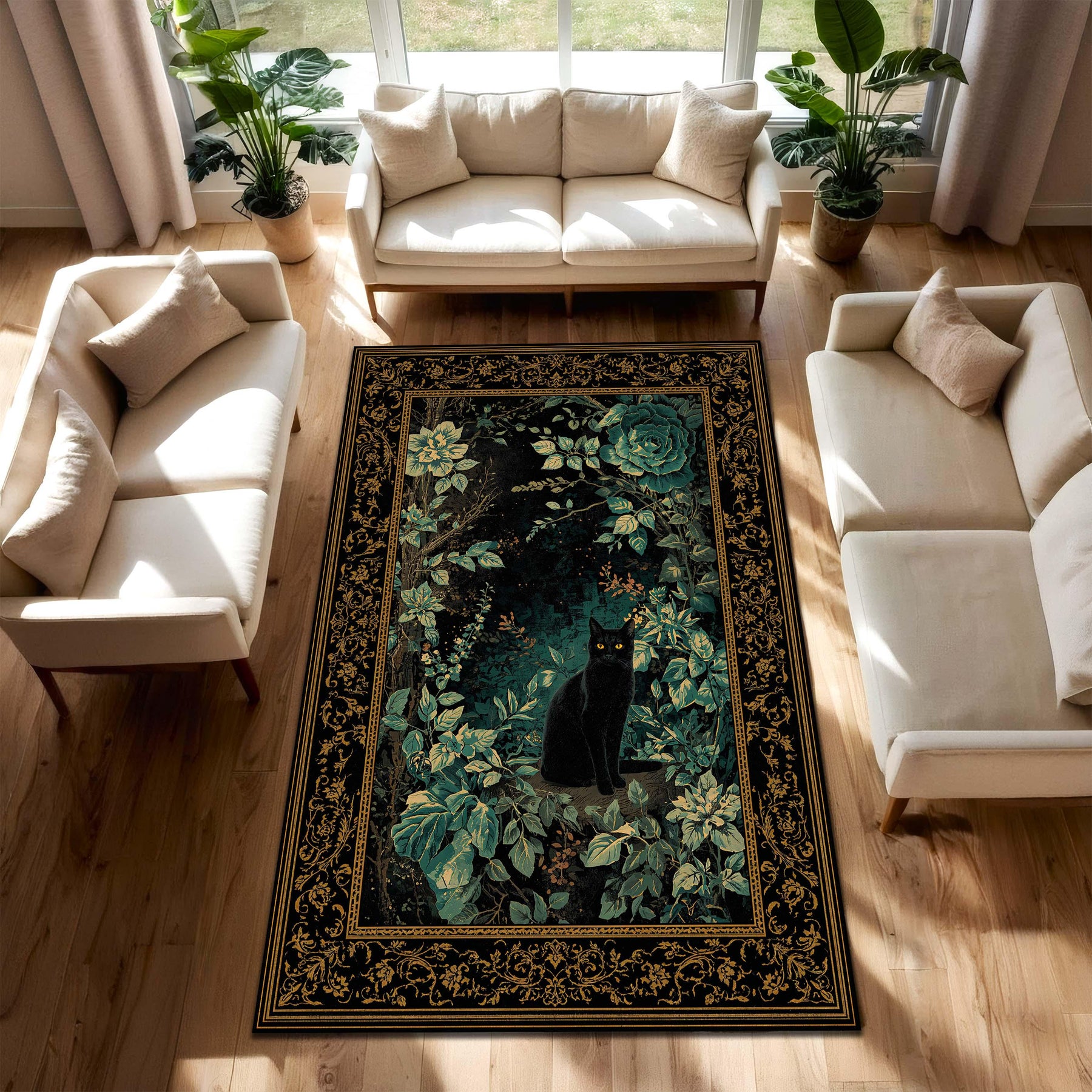 Black Cat Botanical Rug, Dark Emerald Floral Vintage Border Area Rug, Gothic Cottagecore Home Decor, Cat Lover Gift for Living Room