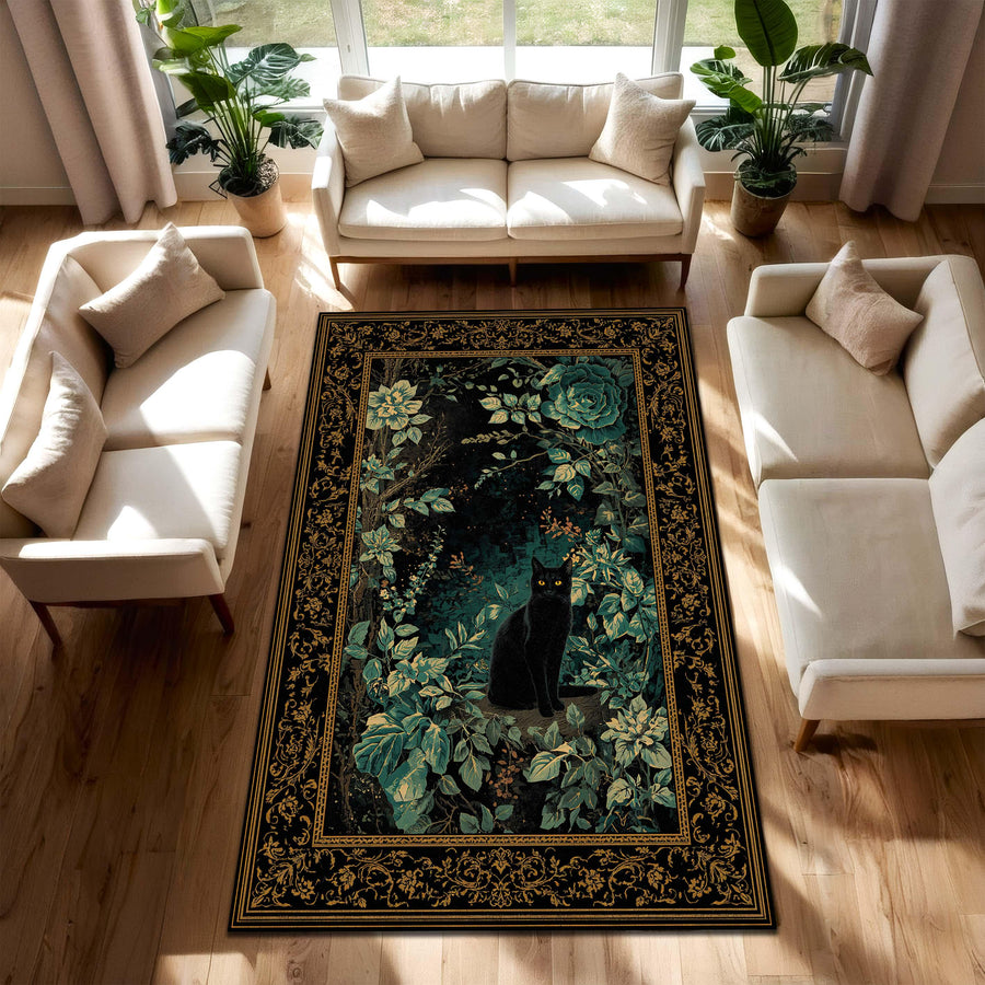 Black Cat Botanical Rug, Dark Emerald Floral Vintage Border Area Rug, Gothic Cottagecore Home Decor, Cat Lover Gift for Living Room