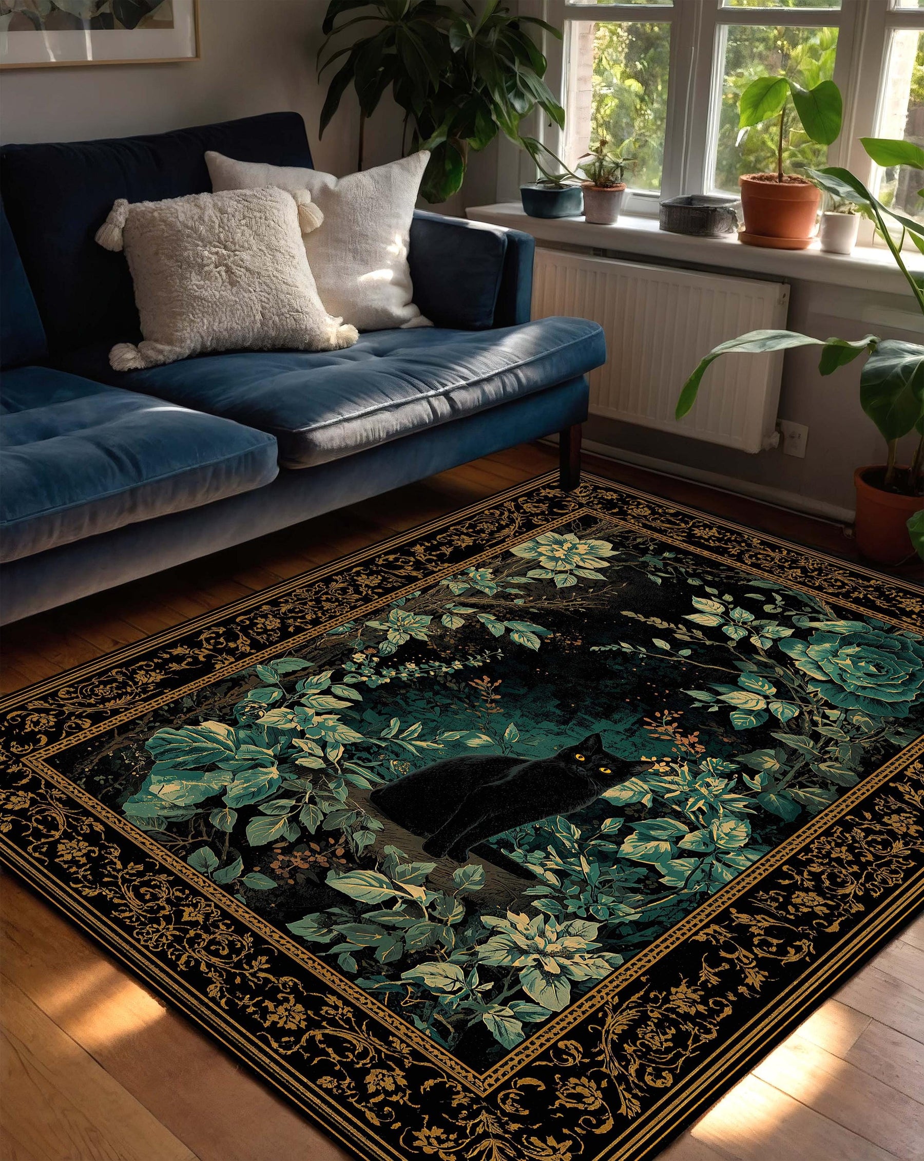 Black Cat Botanical Rug, Dark Emerald Floral Vintage Border Area Rug, Gothic Cottagecore Home Decor, Cat Lover Gift for Living Room