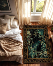 Black Cat Botanical Rug, Dark Emerald Floral Vintage Border Area Rug, Gothic Cottagecore Home Decor, Cat Lover Gift for Living Room