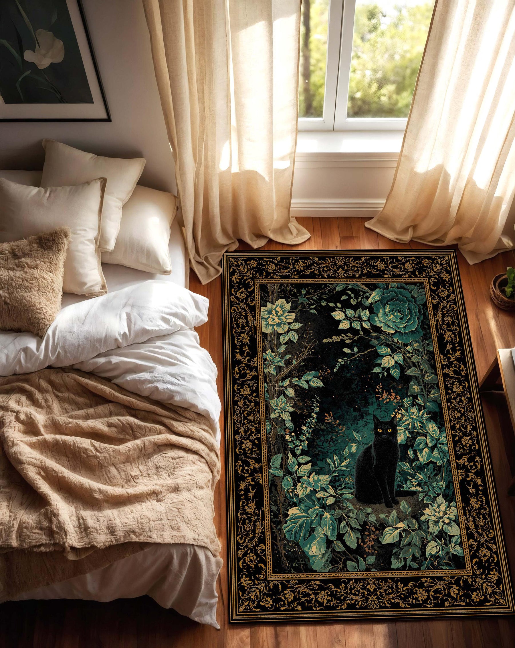 Black Cat Botanical Rug, Dark Emerald Floral Vintage Border Area Rug, Gothic Cottagecore Home Decor, Cat Lover Gift for Living Room