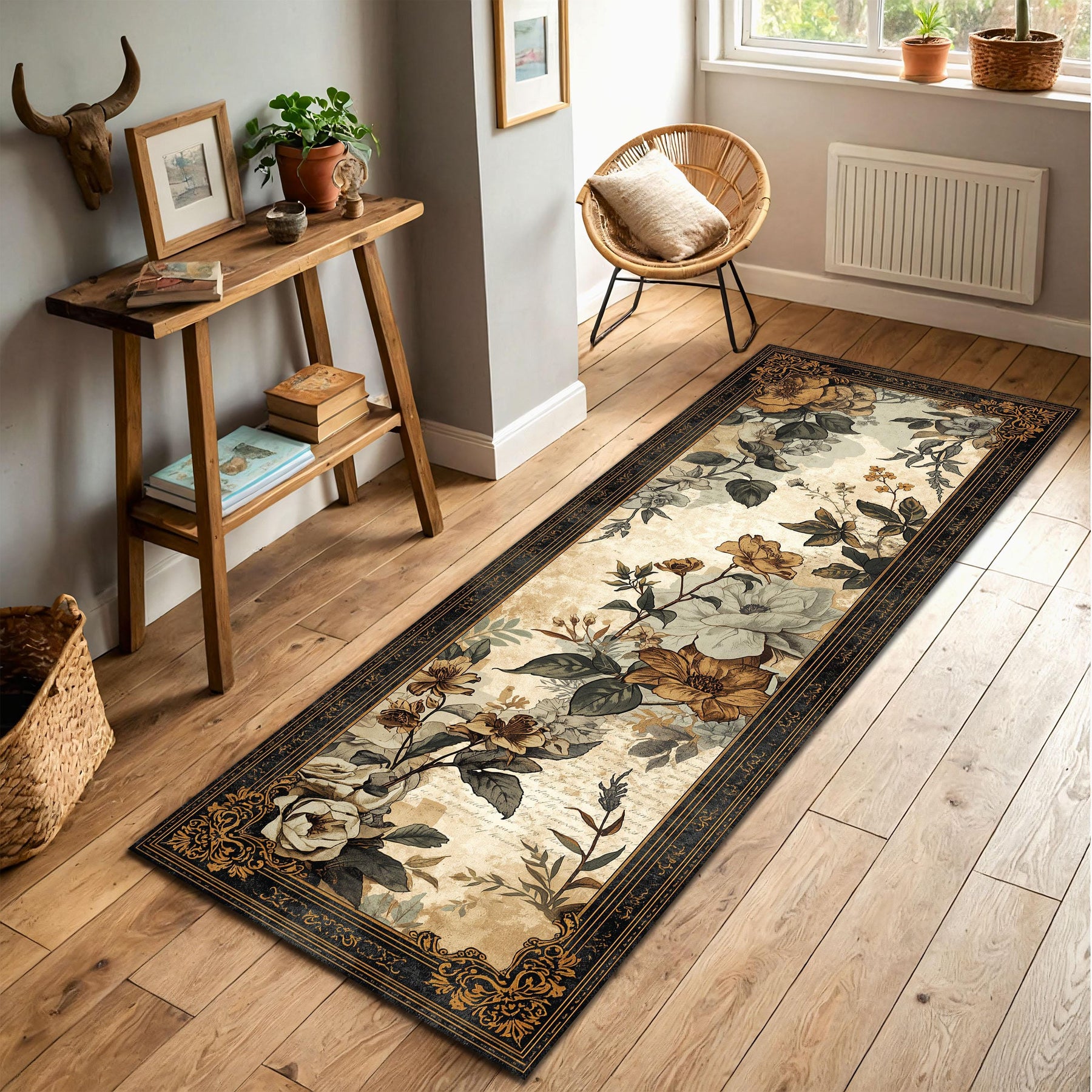 Vintage Floral Runner Rug, Botanical Rose Garden Hallway Carpet, Beige Black Gold Border, Boho Cottage Decor, Washable Floor Mat, Non Slip