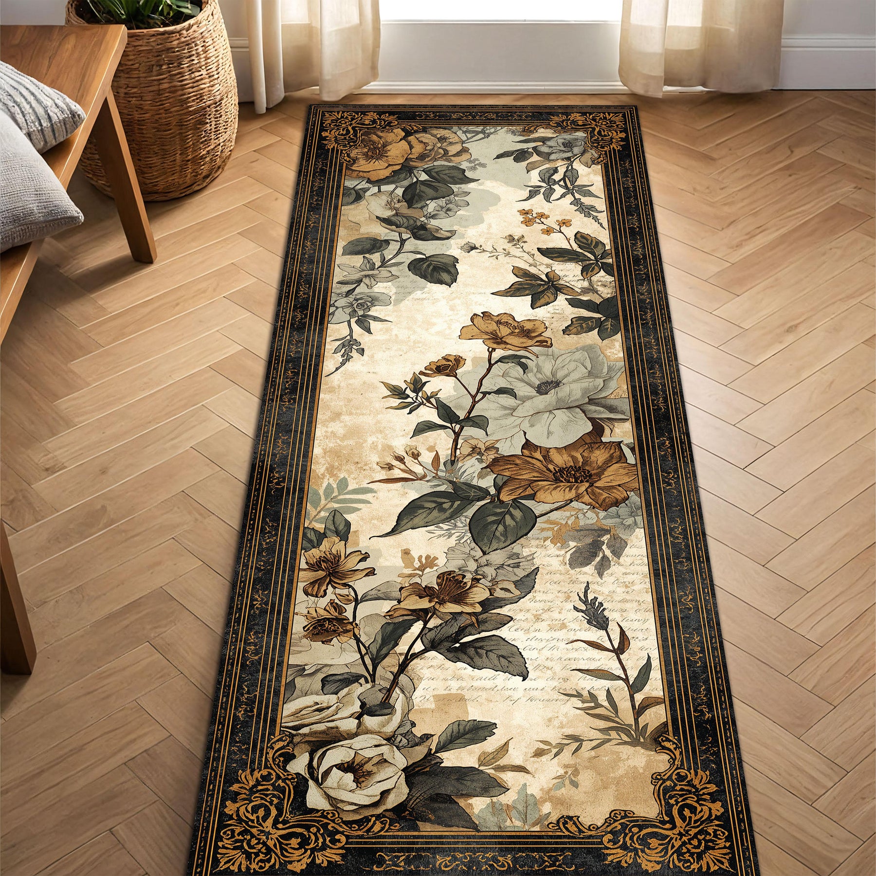 Vintage Floral Runner Rug, Botanical Rose Garden Hallway Carpet, Beige Black Gold Border, Boho Cottage Decor, Washable Floor Mat, Non Slip