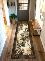 Vintage Floral Runner Rug, Botanical Rose Garden Hallway Carpet, Beige Black Gold Border, Boho Cottage Decor, Washable Floor Mat, Non Slip