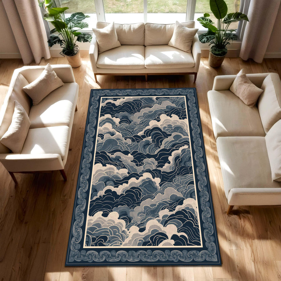 Blue Japanese Wave Area Rug, Navy Cloud Ocean Pattern Carpet, Coastal Living Room Decor, Minimalist Bedroom Floor Mat, Indoor Accent