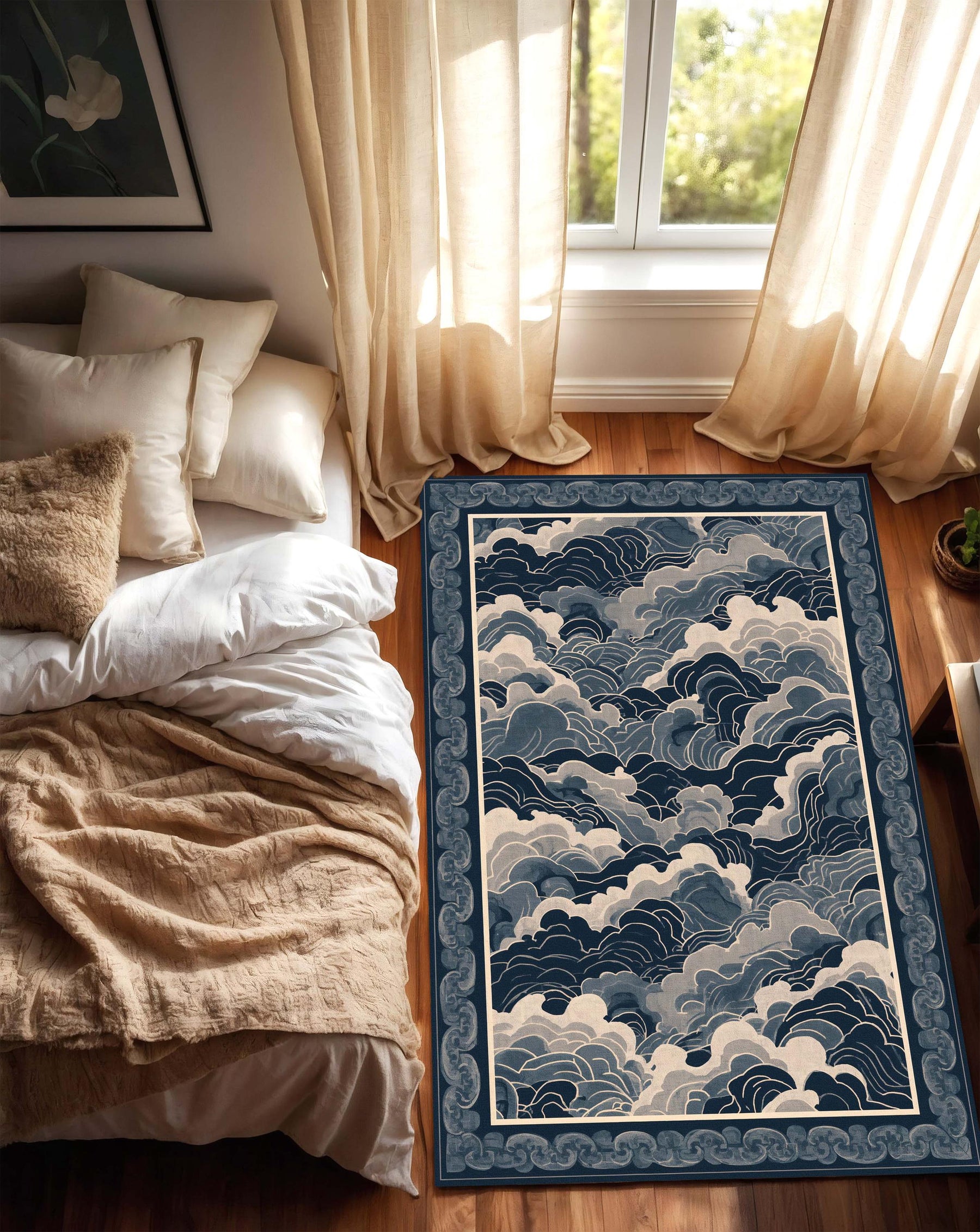 Blue Japanese Wave Area Rug, Navy Cloud Ocean Pattern Carpet, Coastal Living Room Decor, Minimalist Bedroom Floor Mat, Indoor Accent