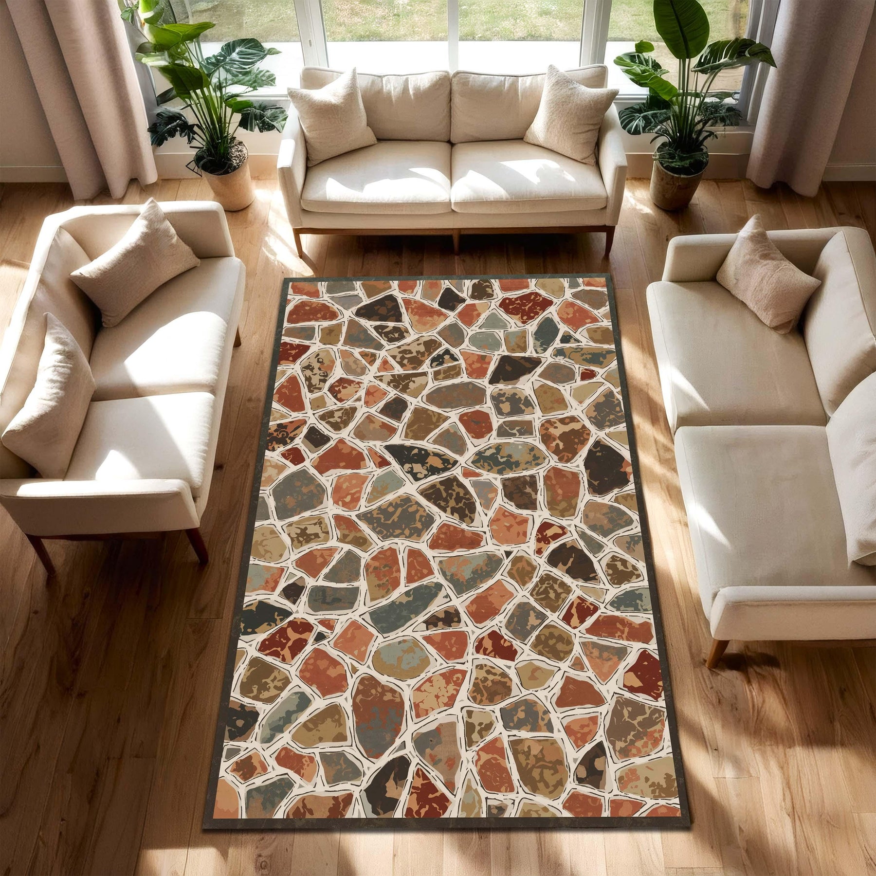 Terrazzo Mosaic Area Rug, Earthy Boho Stone Pattern Carpet, Mid Century Modern Living Room Runner, Non Slip Floor Mat Decor Soft Low Pile