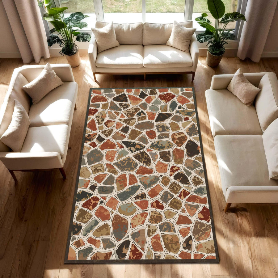 Terrazzo Mosaic Area Rug, Earthy Boho Stone Pattern Carpet, Mid Century Modern Living Room Runner, Non Slip Floor Mat Decor Soft Low Pile