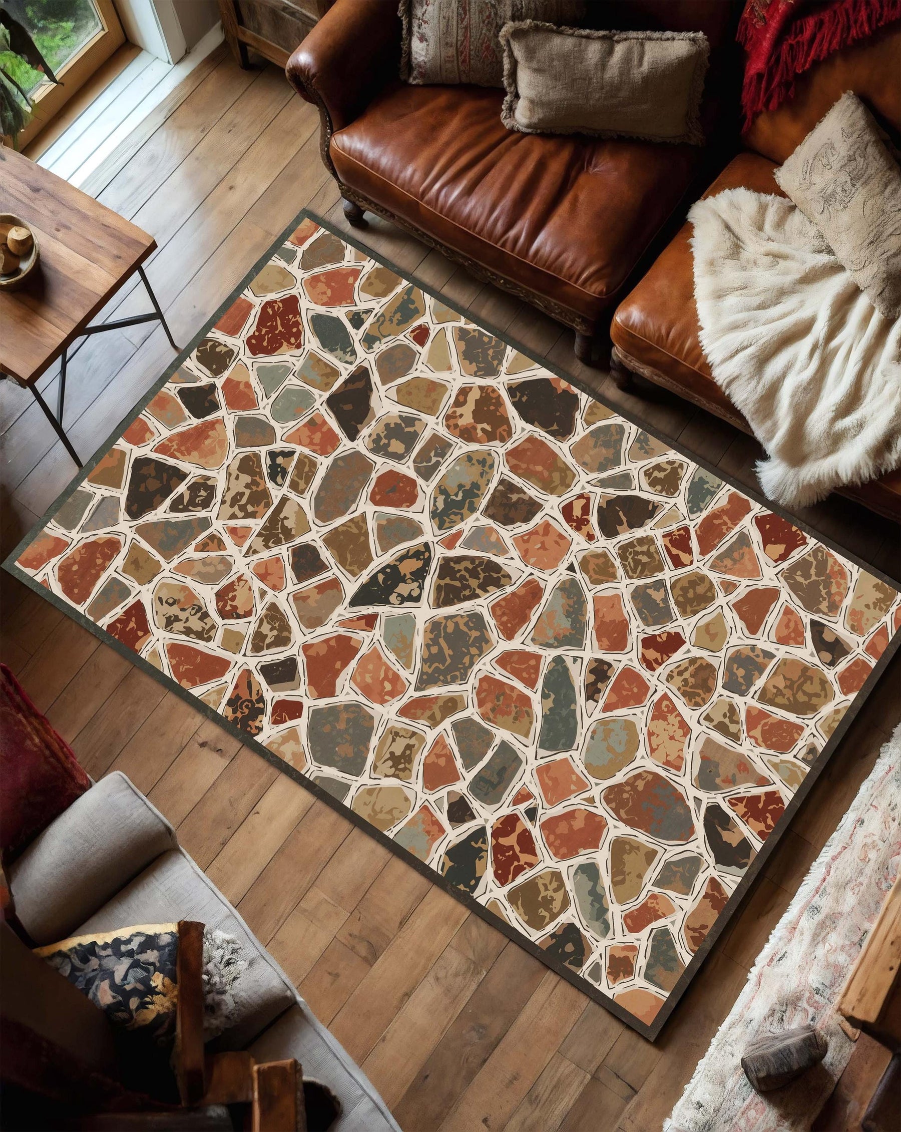 Terrazzo Mosaic Area Rug, Earthy Boho Stone Pattern Carpet, Mid Century Modern Living Room Runner, Non Slip Floor Mat Decor Soft Low Pile