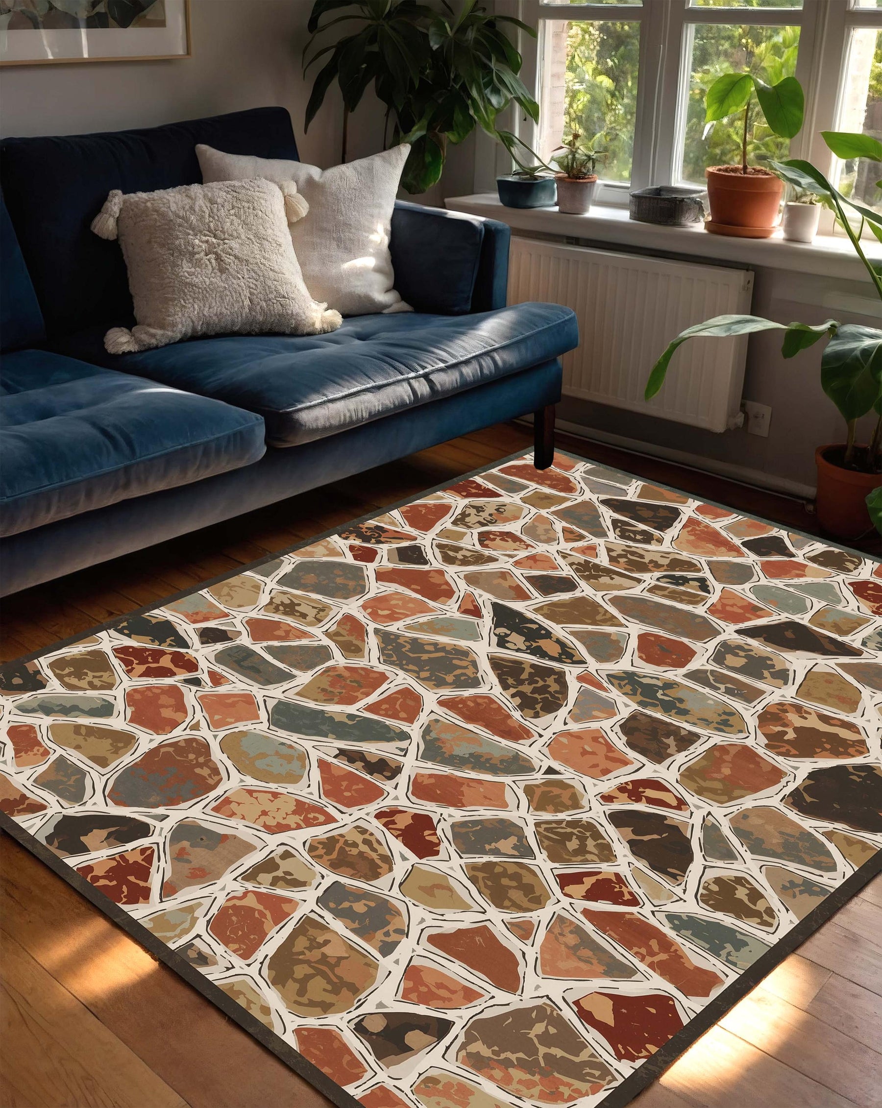 Terrazzo Mosaic Area Rug, Earthy Boho Stone Pattern Carpet, Mid Century Modern Living Room Runner, Non Slip Floor Mat Decor Soft Low Pile