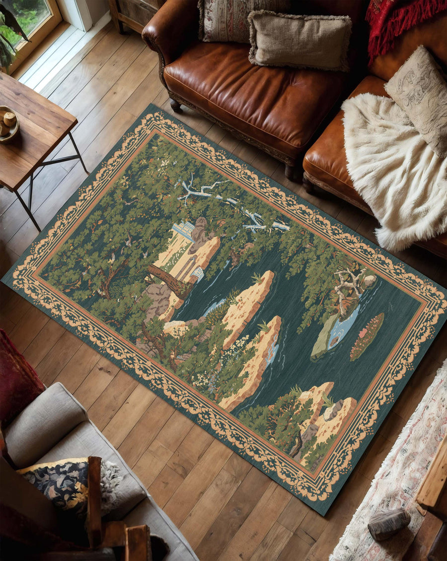 Vintage Scenic Landscape Area Rug, Teal Green Chinoiserie Garden River Carpet, Traditional Statement Rug for Living Room Home Decor