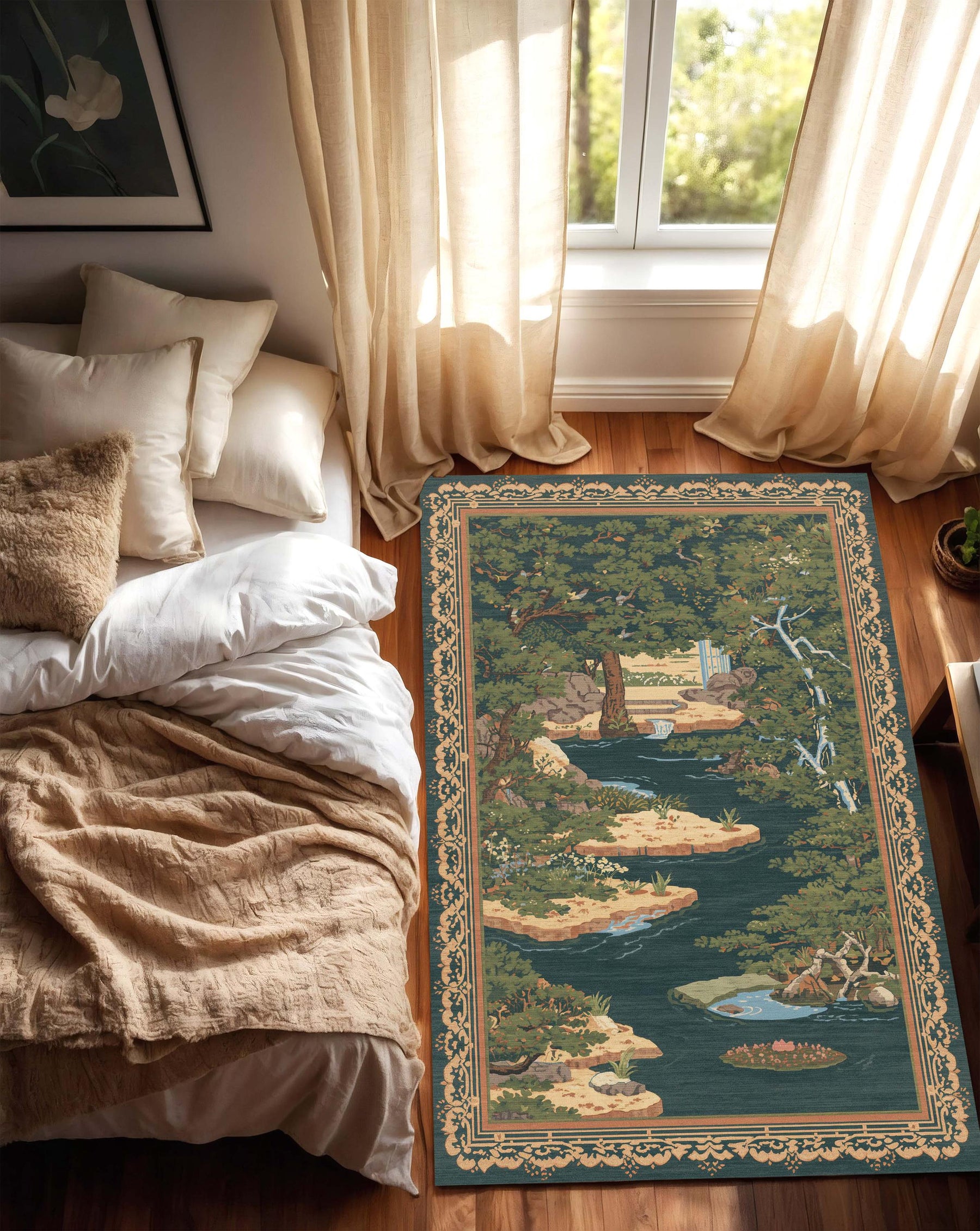 Vintage Scenic Landscape Area Rug, Teal Green Chinoiserie Garden River Carpet, Traditional Statement Rug for Living Room Home Decor