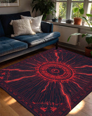 Cyberpunk Red Navy Area Rug, Futuristic Sci-Fi Circuit Burst Carpet, Abstract Geometric Floor Mat for Gamer Room, Modern Living Room Decor